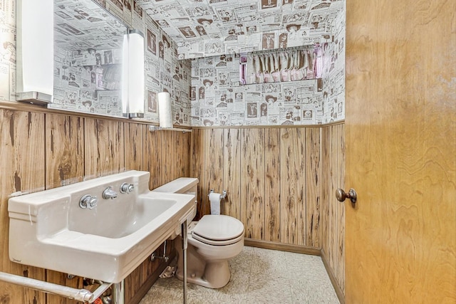 bathroom with toilet and wooden walls