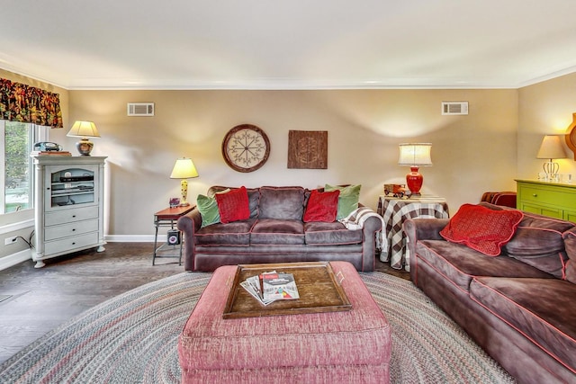 living room with crown molding and dark hardwood / wood-style floors