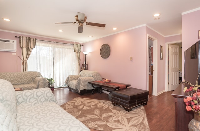 living room with ornamental molding, hardwood / wood-style floors, a wall mounted air conditioner, and ceiling fan