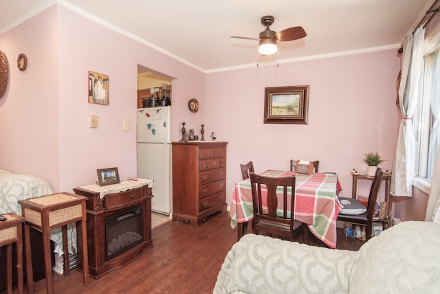 dining room featuring ornamental molding, dark hardwood / wood-style floors, ceiling fan, and a wealth of natural light