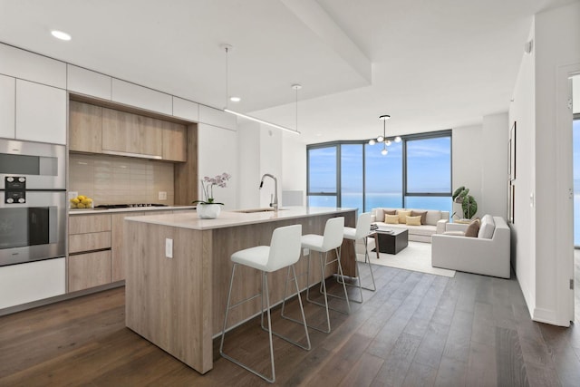 kitchen featuring sink, dark hardwood / wood-style floors, an island with sink, decorative backsplash, and a water view