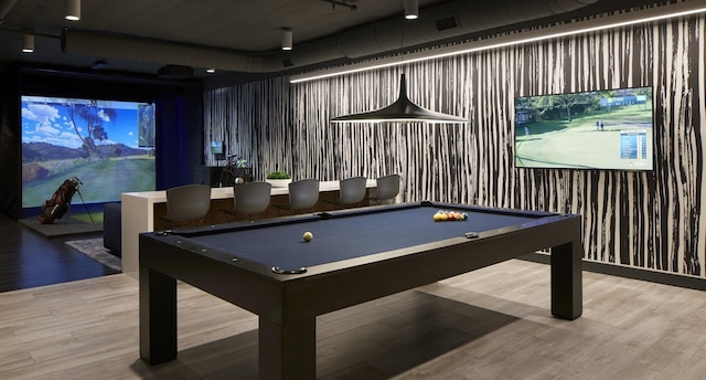 playroom with hardwood / wood-style flooring and billiards