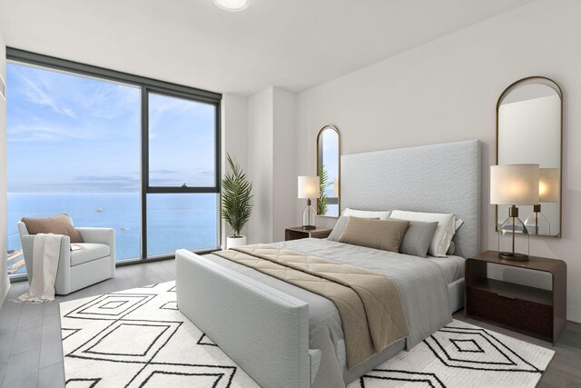 211 N Harbor Dr Unit 3704, Chicago, IL 60601 - bedroom featuring a wall of windows, a water view, and light wood-style flooring