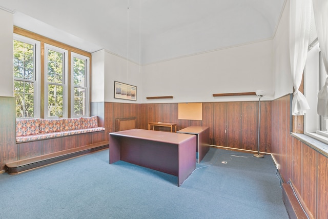 office area with a towering ceiling, wood walls, and carpet flooring