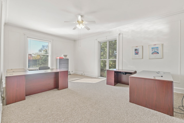 home office with light carpet, crown molding, and ceiling fan