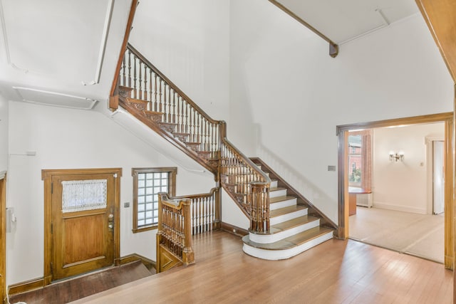 foyer entrance with a towering ceiling and hardwood / wood-style floors