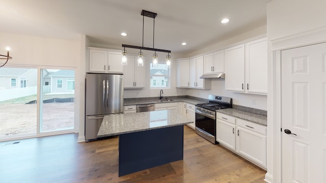 kitchen featuring appliances with stainless steel finishes, a healthy amount of sunlight, a center island, and light wood-type flooring