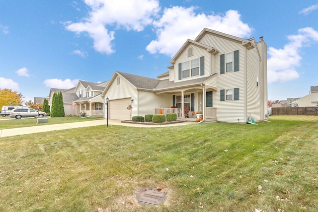 view of front property with a porch, a front yard, and a garage