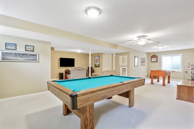 playroom with light carpet, a textured ceiling, billiards, and ceiling fan