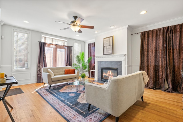 6832 S Cornell Ave Unit 1, Chicago, IL 60649 - living room with crown molding, light wood-type flooring, ceiling fan, a fireplace, and recessed lighting