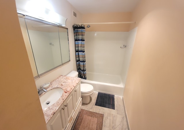 full bathroom with toilet, shower / bath combo with shower curtain, and vanity