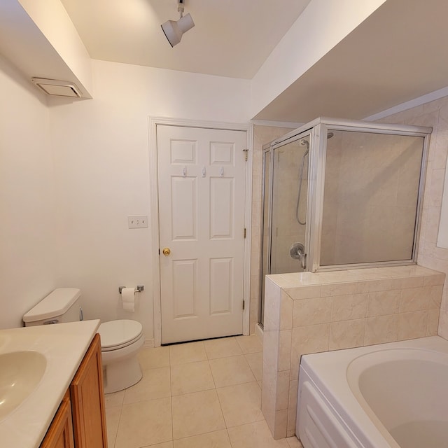 full bathroom with vanity, toilet, shower with separate bathtub, and tile patterned flooring