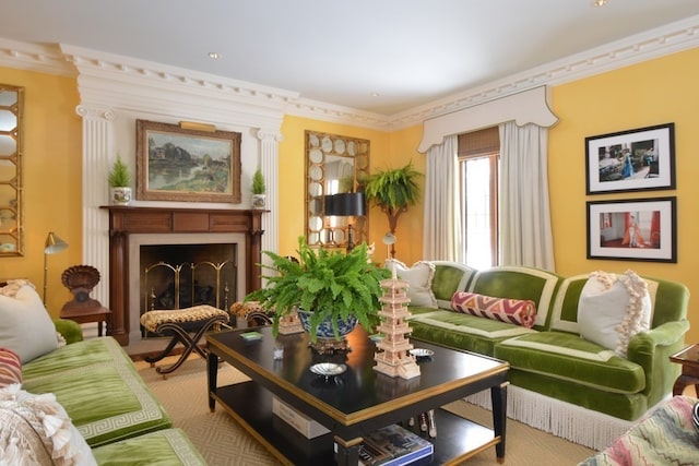 sitting room with ornamental molding