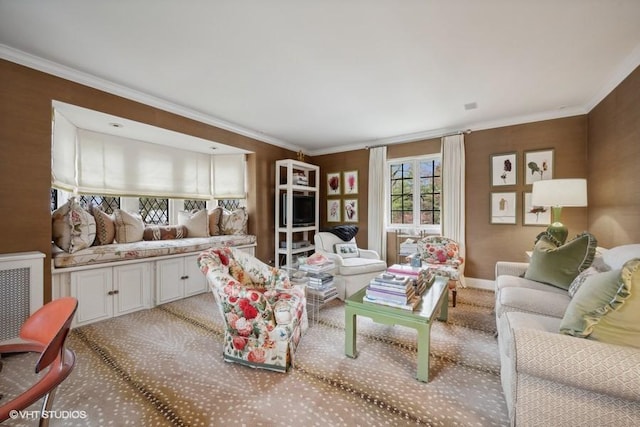 living room featuring crown molding, radiator heating unit, and carpet