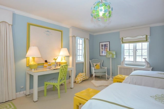 bedroom featuring ornamental molding, radiator, and carpet floors