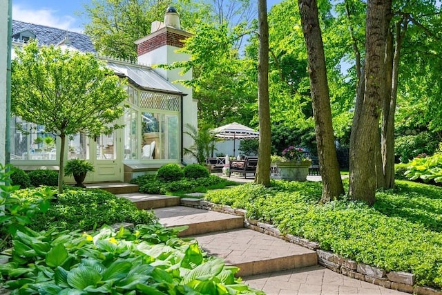 view of yard with an outbuilding and a patio