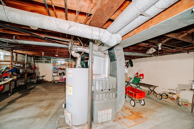 basement with heating unit and water heater