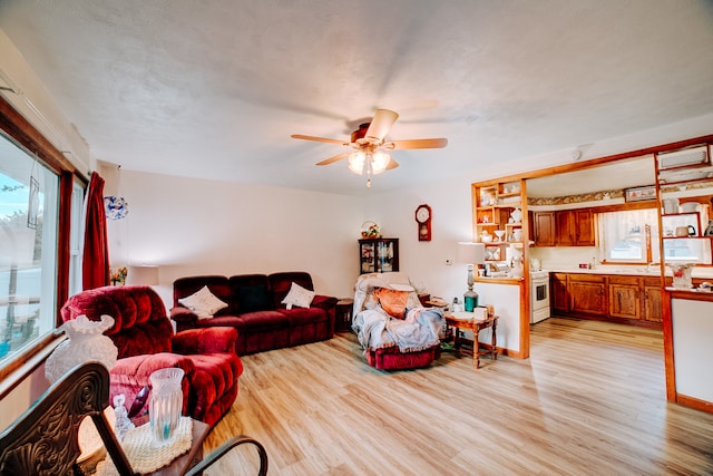 living room with ceiling fan and light wood-type flooring