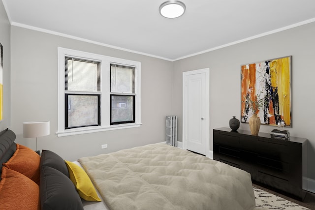 bedroom with ornamental molding and radiator heating unit