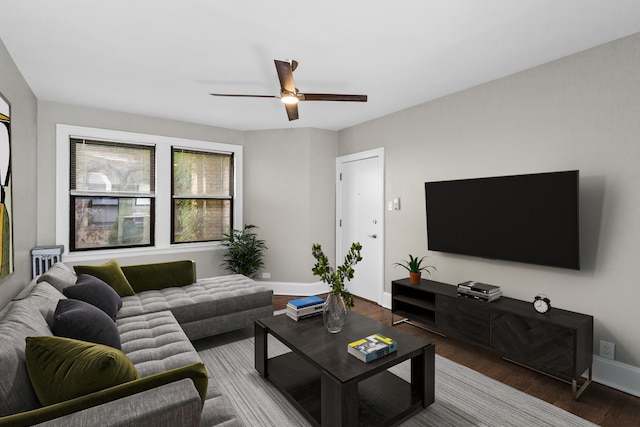 living room with hardwood / wood-style flooring and ceiling fan