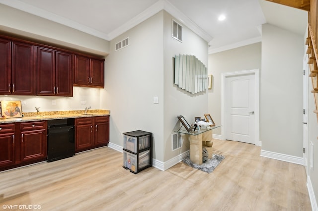 kitchen with dishwasher, sink, crown molding, light stone counters, and light hardwood / wood-style floors