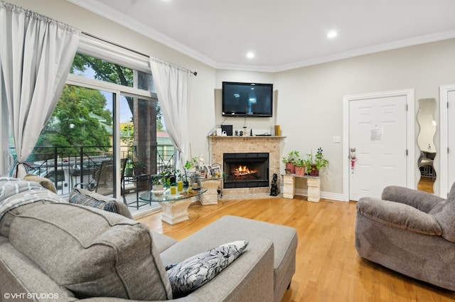 living room featuring crown molding and wood-type flooring