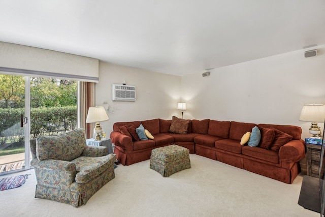 living room featuring a wall unit AC and carpet