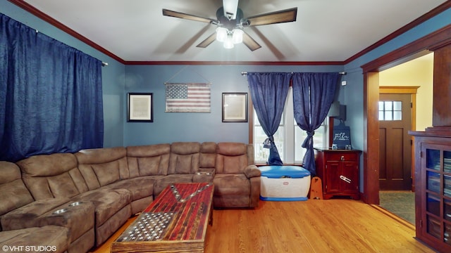 living room featuring hardwood / wood-style floors, ceiling fan, and crown molding