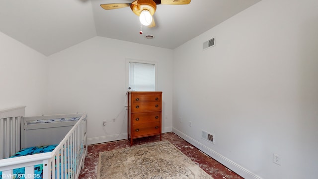 bedroom with vaulted ceiling and ceiling fan