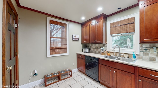 kitchen with dishwasher, sink, ornamental molding, light tile patterned floors, and tasteful backsplash