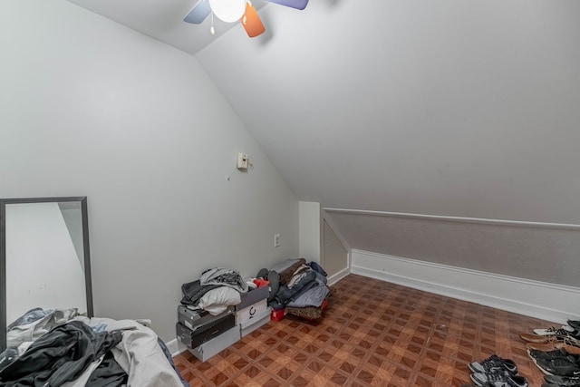 bonus room with lofted ceiling, parquet floors, and ceiling fan