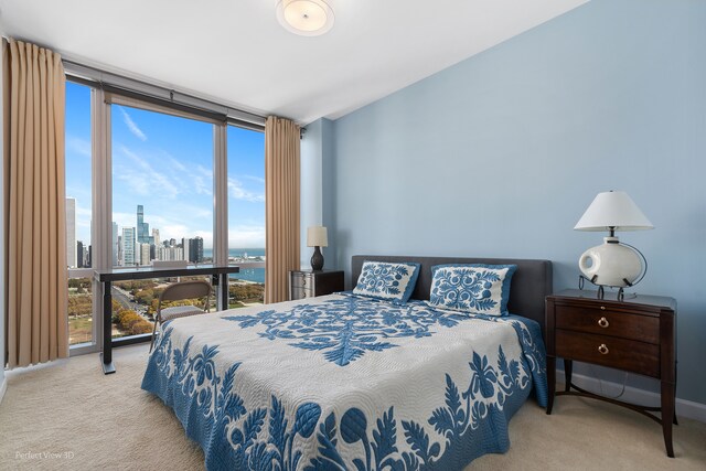 carpeted bedroom with a water view and expansive windows