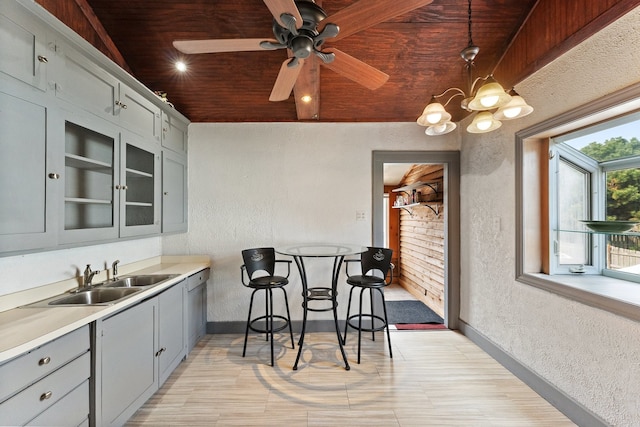 kitchen with sink, pendant lighting, a healthy amount of sunlight, and wooden ceiling