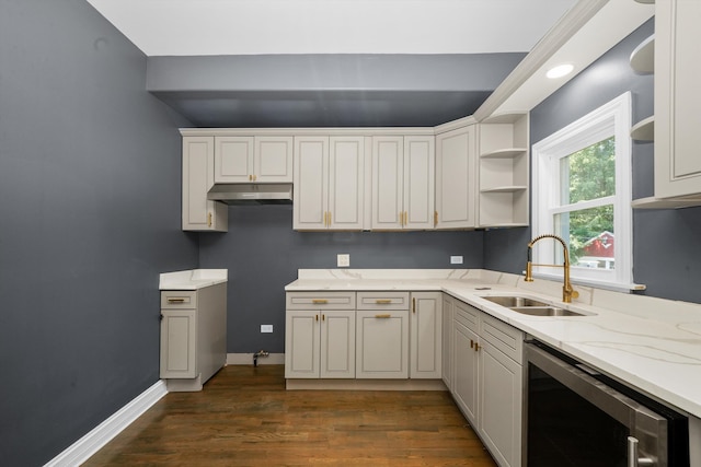 kitchen with wine cooler, sink, light stone countertops, white cabinets, and dark hardwood / wood-style flooring