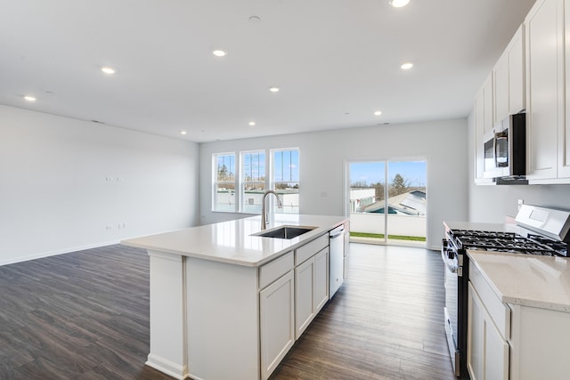 kitchen with dark wood-style floors, appliances with stainless steel finishes, a sink, and a wealth of natural light