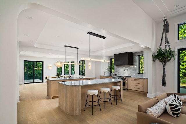 kitchen featuring a center island, a raised ceiling, hanging light fixtures, and stainless steel range