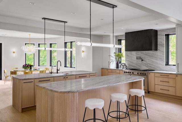 kitchen featuring a large island, light wood-type flooring, high end stove, and sink