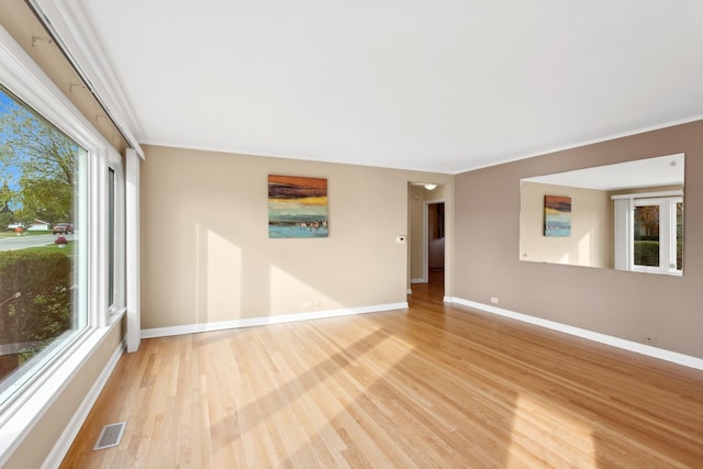 spare room featuring a wealth of natural light, ornamental molding, and light hardwood / wood-style flooring