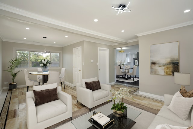 living room with crown molding and light hardwood / wood-style floors