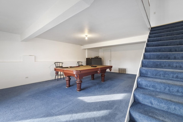 playroom with beamed ceiling, carpet floors, and billiards