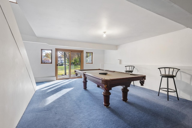 rec room featuring pool table and carpet flooring