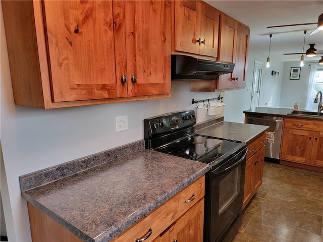 kitchen with black electric range, sink, ceiling fan, stainless steel dishwasher, and extractor fan