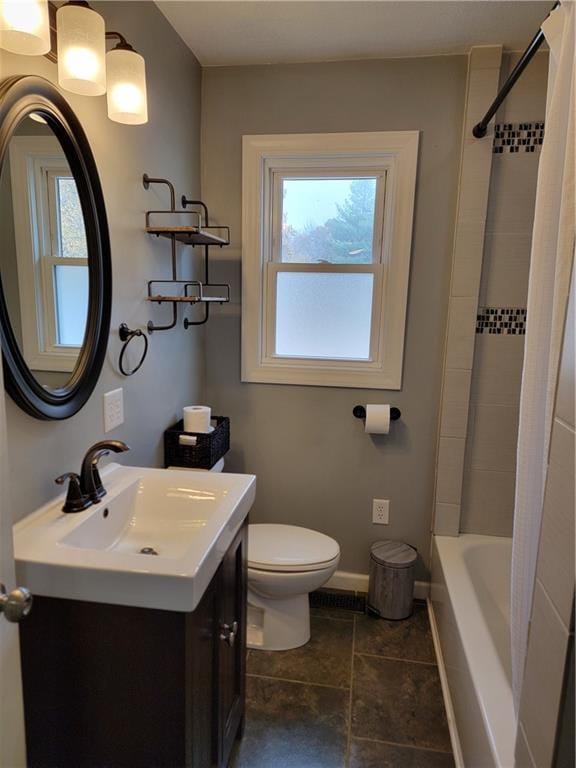 full bathroom with vanity, toilet, and shower / bathtub combination with curtain