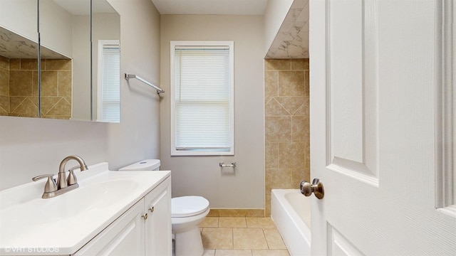 full bathroom featuring vanity, toilet, tile patterned floors, and tiled shower / bath combo