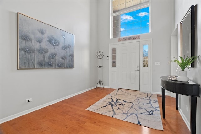 foyer featuring hardwood / wood-style floors and a high ceiling