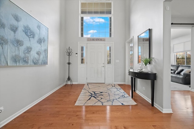 foyer with a barn door, hardwood / wood-style floors, and a high ceiling