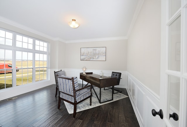 office space with ornamental molding and dark wood-type flooring