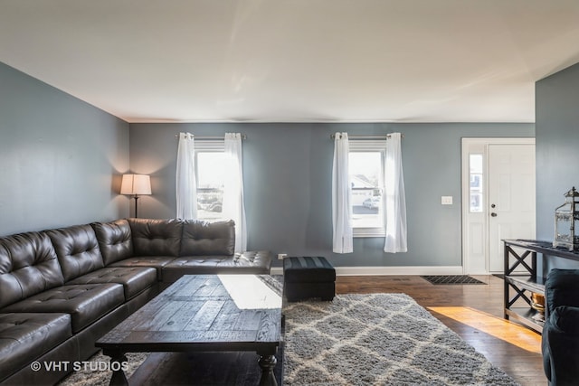 living room with dark hardwood / wood-style flooring and a healthy amount of sunlight