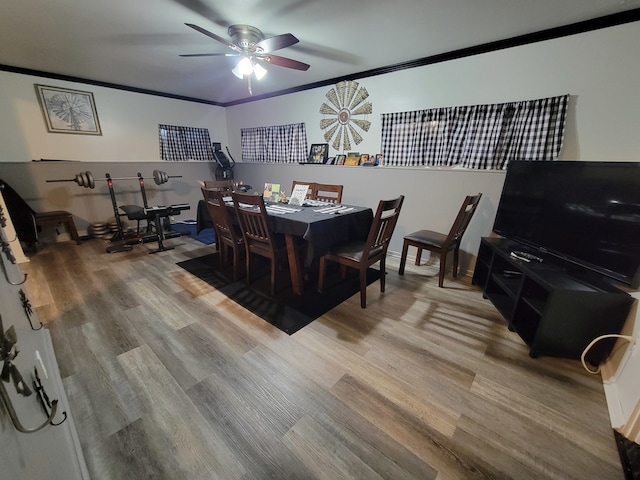 dining space with hardwood / wood-style floors, ornamental molding, and ceiling fan