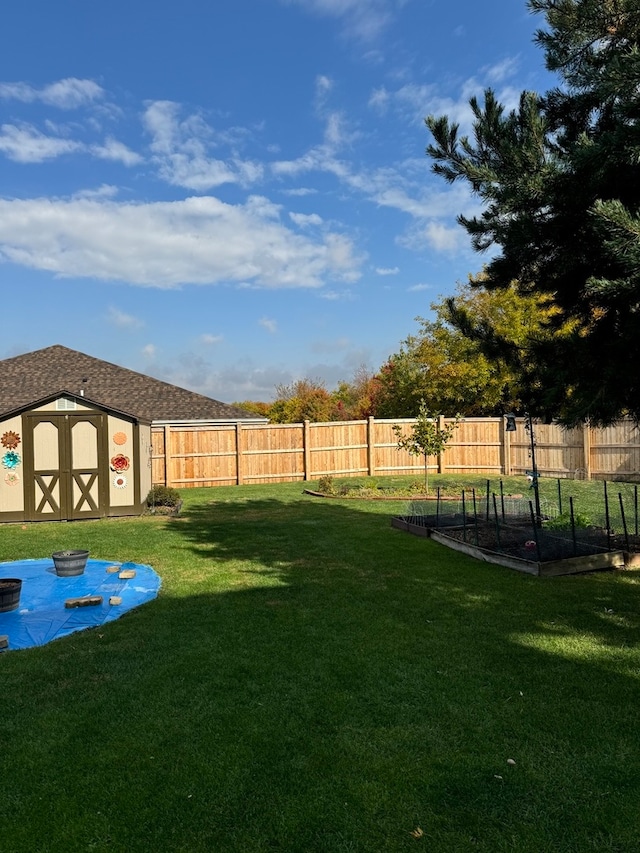 view of yard featuring a storage unit